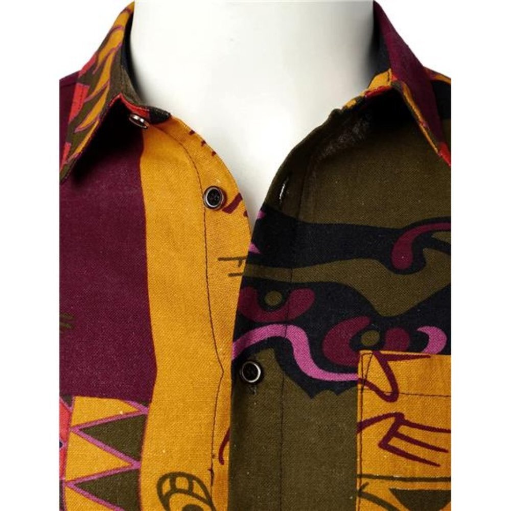Men's Summer 2 Piece Set Cotton Linen Ethnic Style Printed Outfit with Pockets - Picture 4 of 7